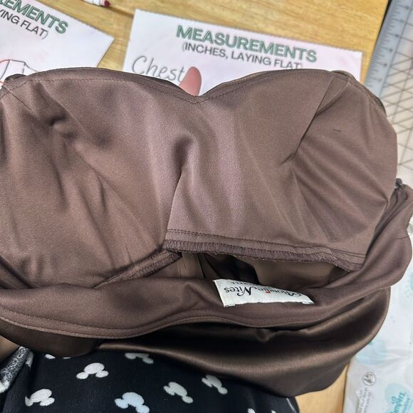 Vintage 90s y2k Blondie Nites Prom Gown Halter Brown Satin Ruffle Jr S Assymetri - Picture 10 of 12